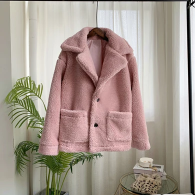 ZADORIN осенне-зимнее Свободное пальто с лацканами и длинными рукавами с карманом для женщин, большие размеры из искусственной овечьей шерсти меховая куртка женская уличная одежда - Цвет: Pink