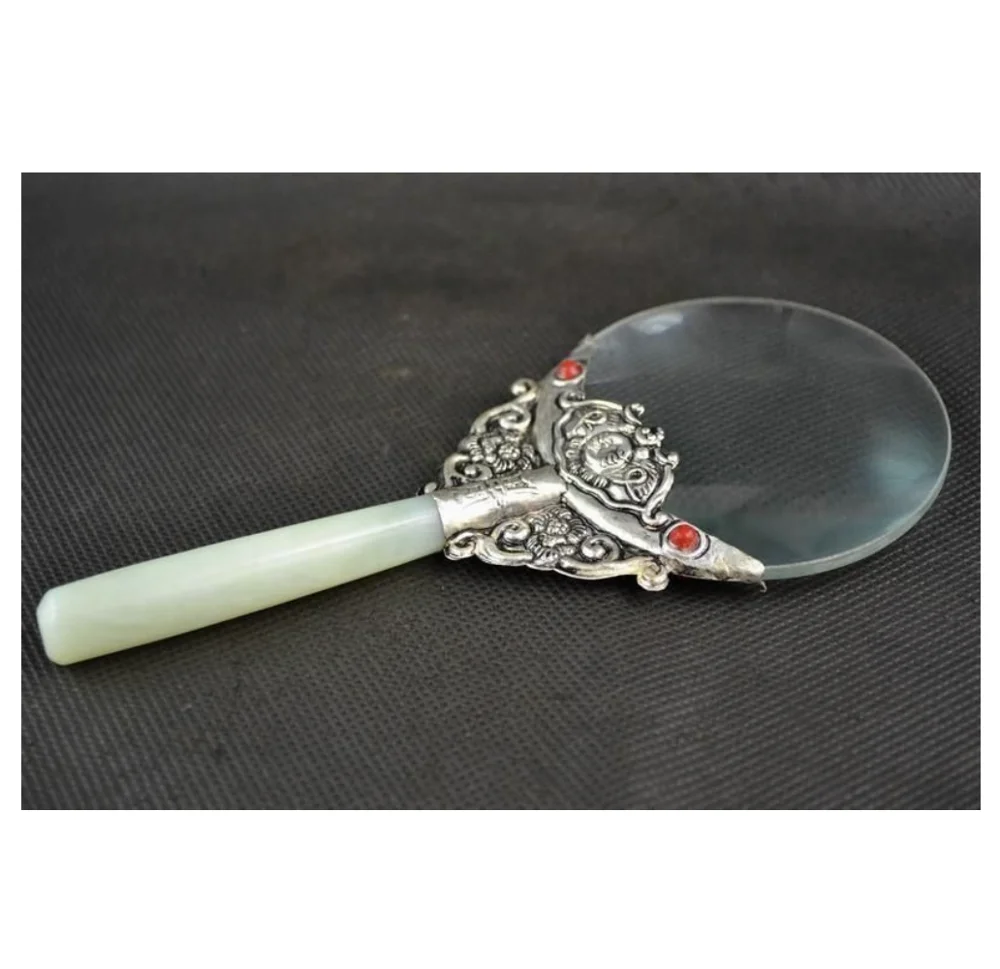 

Old Decorated Handwork Jade Armoured Miao Silver Flower Usable Magnifying Glass