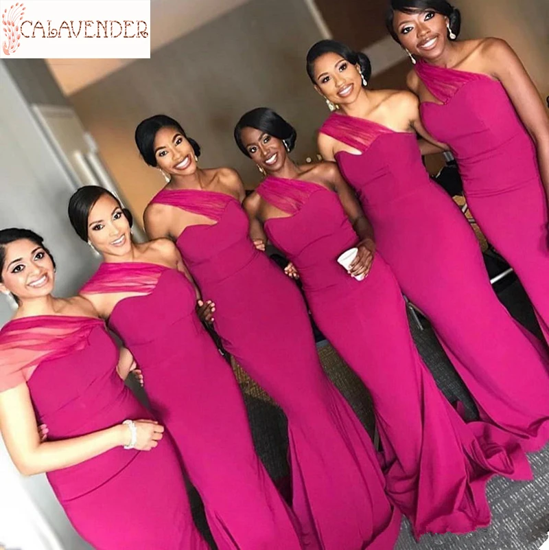 

South Africa Black Girls Mermaid Fuchsia Bridesmaid Dresses One Shoulder Long Evening Gowns vestido fiesta boda invitada