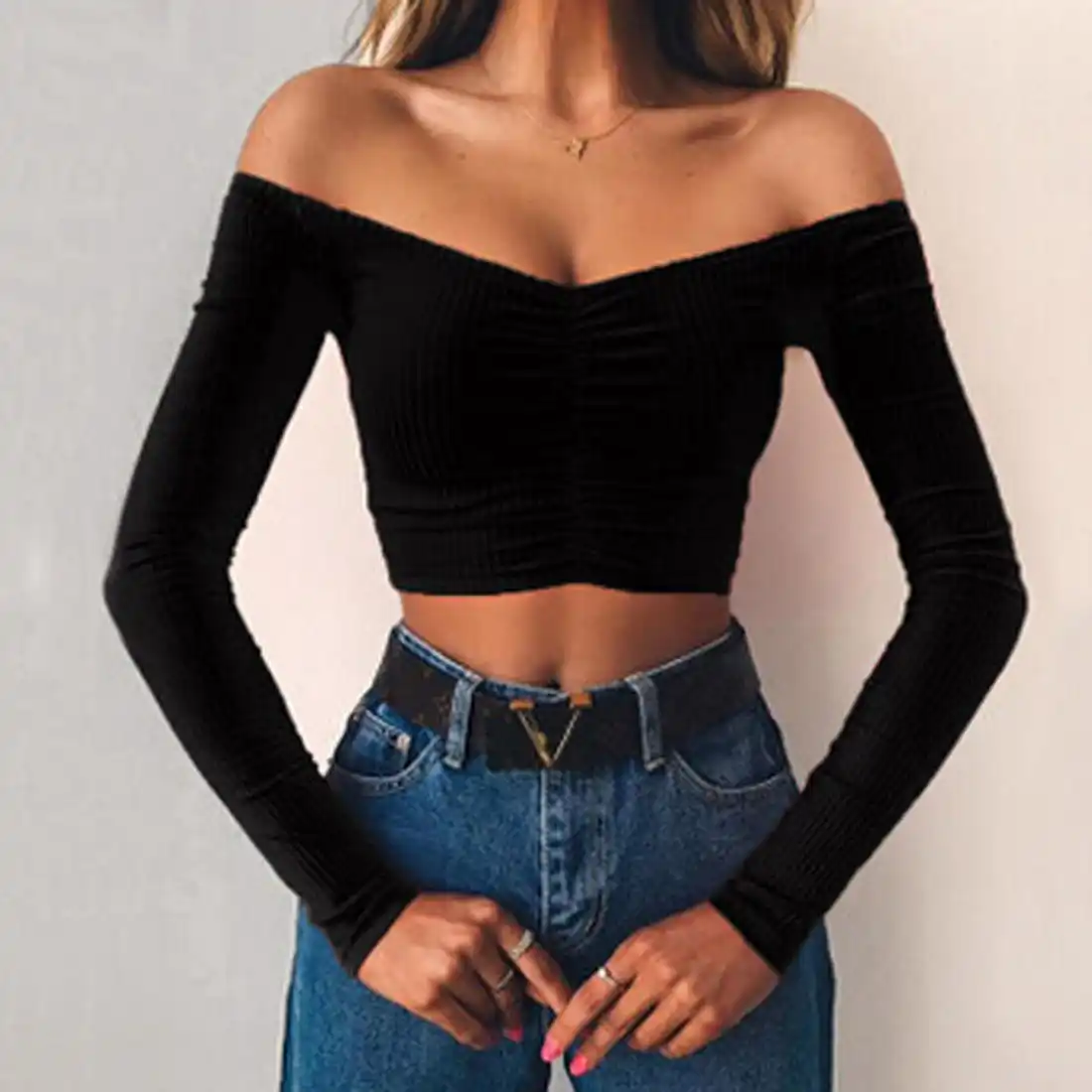 black long sleeve shirt off shoulder