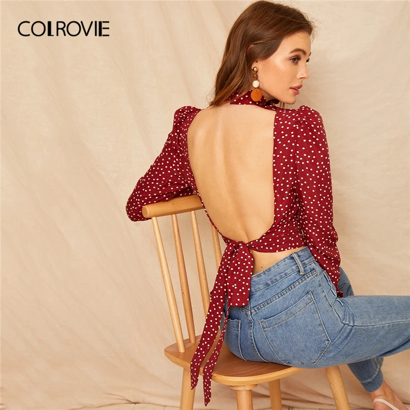 

COLROVIE Polka-dot Backless Knotted Crop Top Women Tie Back Puff Sleeve Blouse 2019 Summer Casual Sexy Stand Collar Blouses