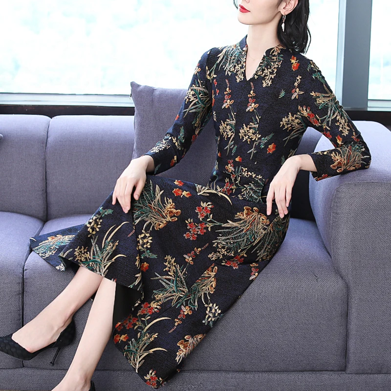 

Autumn Fashion 2019 Vintage Print Women Dress Female A-line Vintage Sweet Clothing Elegant Plus Size Casual Vestidos