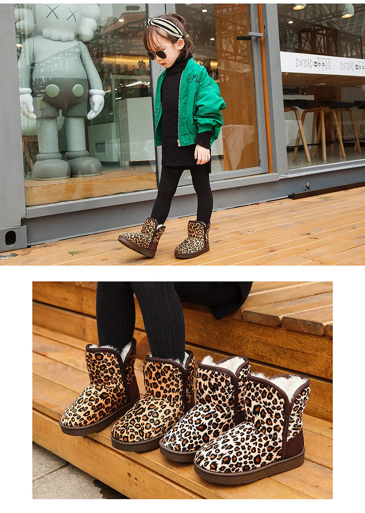 Зимние детские ботинки для мальчиков и девочек с леопардовым принтом; модные ботинки для больших детей; повседневная обувь из хлопка