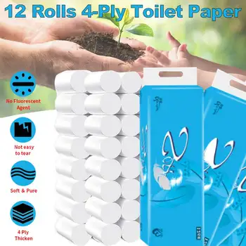

12 Rolls 4 Layers Toilet Paper Roll Paper Non-Smell Wood Pulp Paper Home Bathroom Kitchen Tissue Cleaning Paper Natural Comfort