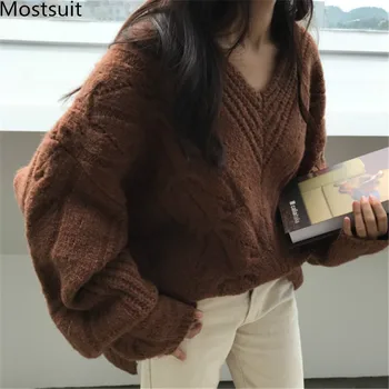 

Thicken Korean Solid V-neck Knitting Sweaters Pullover Women Long Sleeve Loose Korean Oversized Warm Tops Sweaters 2019 Winter