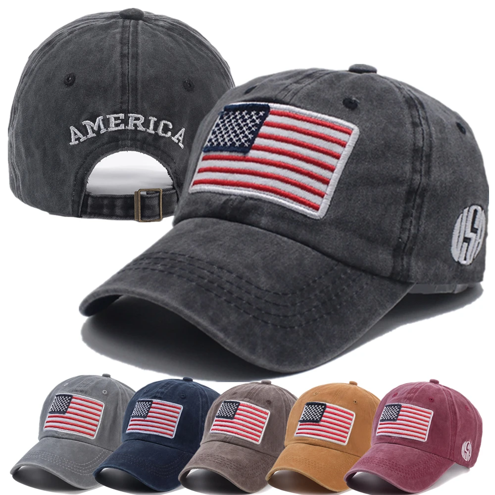 Unisex Washed Cotton Vintage Cap High Quality American Flag Embroidery  Baseball Cap Men And Women Outdoor Sports USA Hats