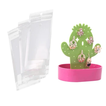 

100 Sets Ear Hooks Display Cards 9cmx5cm with Self Adhesive Bags 15cmx6cm & 1x Cactus Shaped Earrings Storage Stand