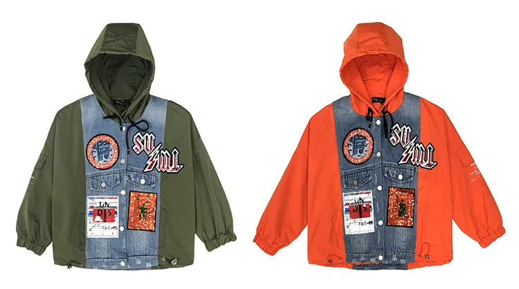 Women Army green New sequined letter badge hooded jacket female loose Jacket Casual Long sleeve Coat fashion Outerwear tops