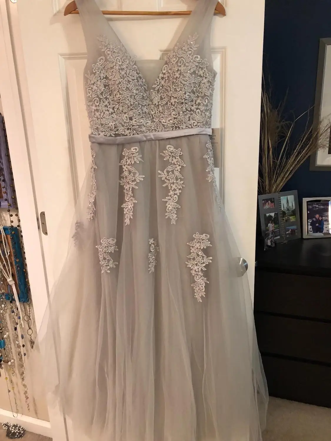 Настоящее фото клиента серебряные Длинные Выпускные платья A line vestidos de gala jurken V шеи кружевное бра без рукавов выпускное платье