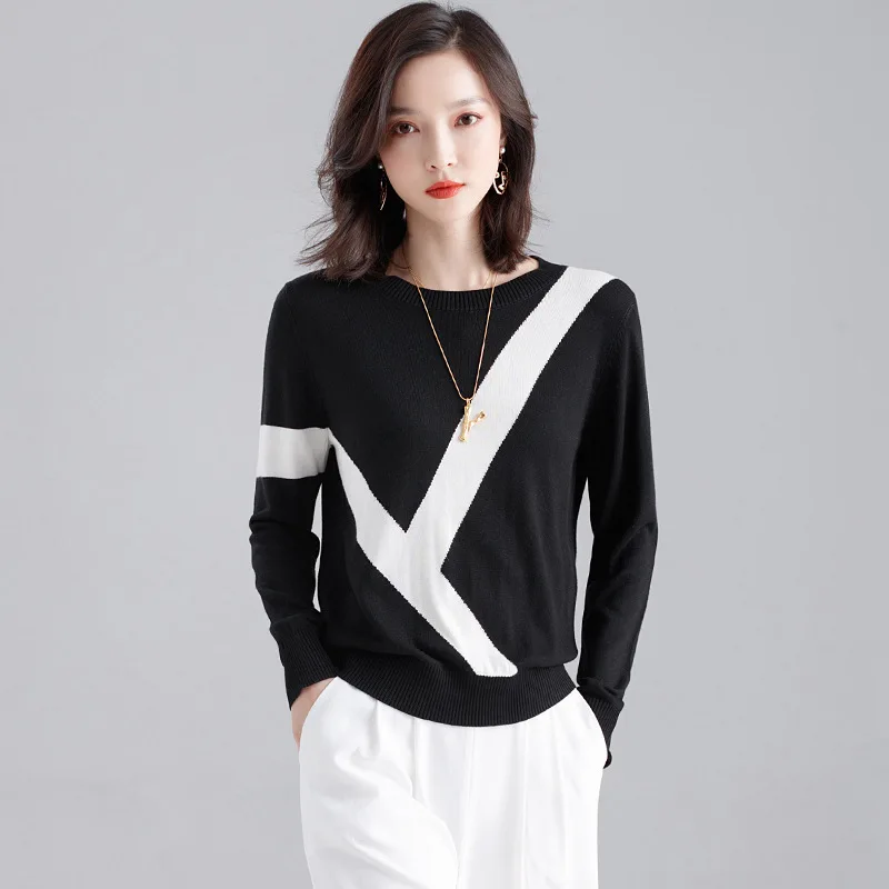 

Contrast Color Block Sweater Wool Blends Crew Neck Knitted Pullovers Women Asymmetrical Knit Jumper