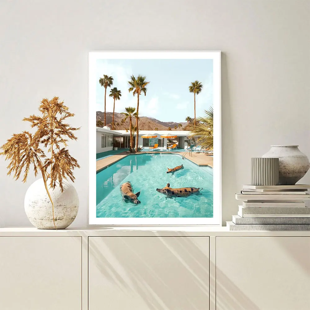 Nordic Style Canvas Painting Animal At Pool Poster Print Swimming Tiger And Pig Modern Pictures For Living Room Wall Art Decor