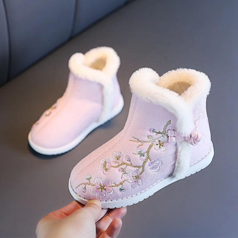 Winter Girls Boots Chinese Style Hand-embroidered Floral Cotton Shoes Children Warm Plush Snow Boots Winter Shoes Kids Boots Red