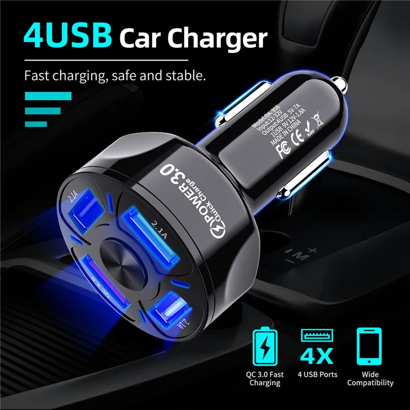 USLION 4 USB Ports Car Charger Quick Car Charger Fast Charging QC3.0 Mobile Phone Charger in Car For iPhone Xiaomi Poco Samsung