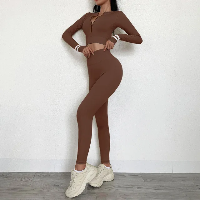 Long Sleeve Shirt Women Yoga Set Fitness High Waist Legging Seamless Suit Sportwear Workout Tracksuit Gym Running Clothing,LF218 Brown