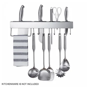 

Pot Pan Kitchen Utensil Holder Durable Cutlery Rack Stainless Steel Modern Space Saving Multifunctional Wall Mounted With Hooks