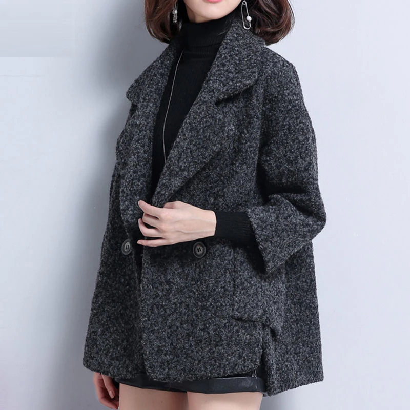 

New Fashion Women Woolen Coats Short Female Loose Warm Wool Coat Turn-down Collar Casual Autumn Winter Jackets D525