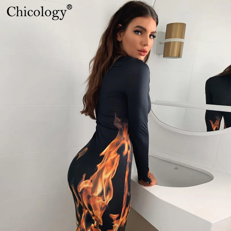 Chicology огонь печати сексуальное платье миди Женские Длинные рукава bodycon уличная 2019