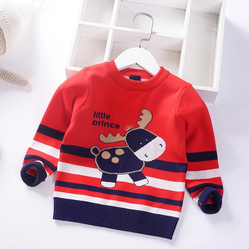 Осенне-зимние Рождественские свитера для мальчиков Теплый пуловер в полоску для малышей вязаная детская одежда Детский студенческий свитер с изображением Ослика - Цвет: Красный