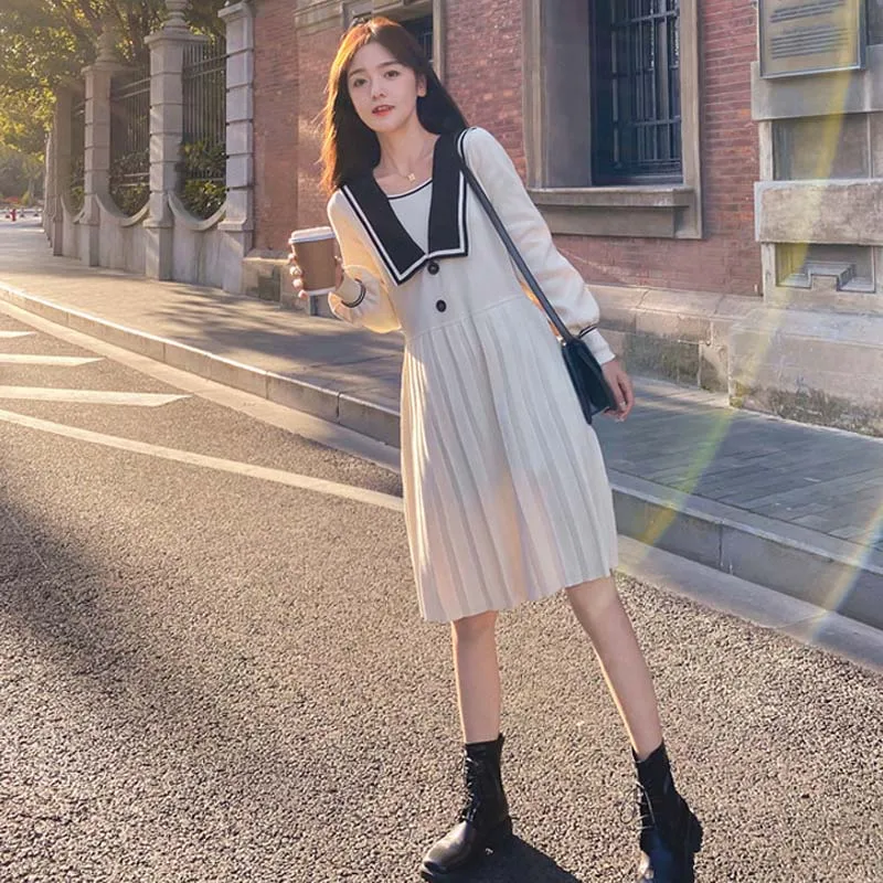 

One-Piece 2020 Autumn Winter Japan Kawaii College Style Knitted Dress Simple Women Vintage Loose A-Line Pleated Sweater Dresses