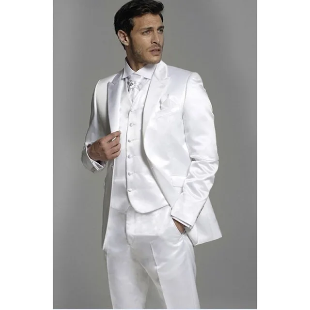 Custom Made White Satin Men Suits Grooms Wedding Tuxedo Formal Dinner Suit men Blazer 3 Pieces(Jacket+Pant+Vest) | Мужская одежда