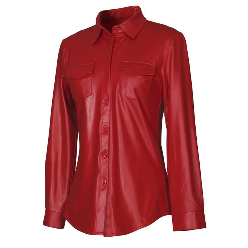 Pu Leather Shirt Womens Tops 
