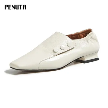 

2020 PENUTA low heels for women Genuine Leather brown pumps women's oxford heels square toe fashion loafers top quality G0114