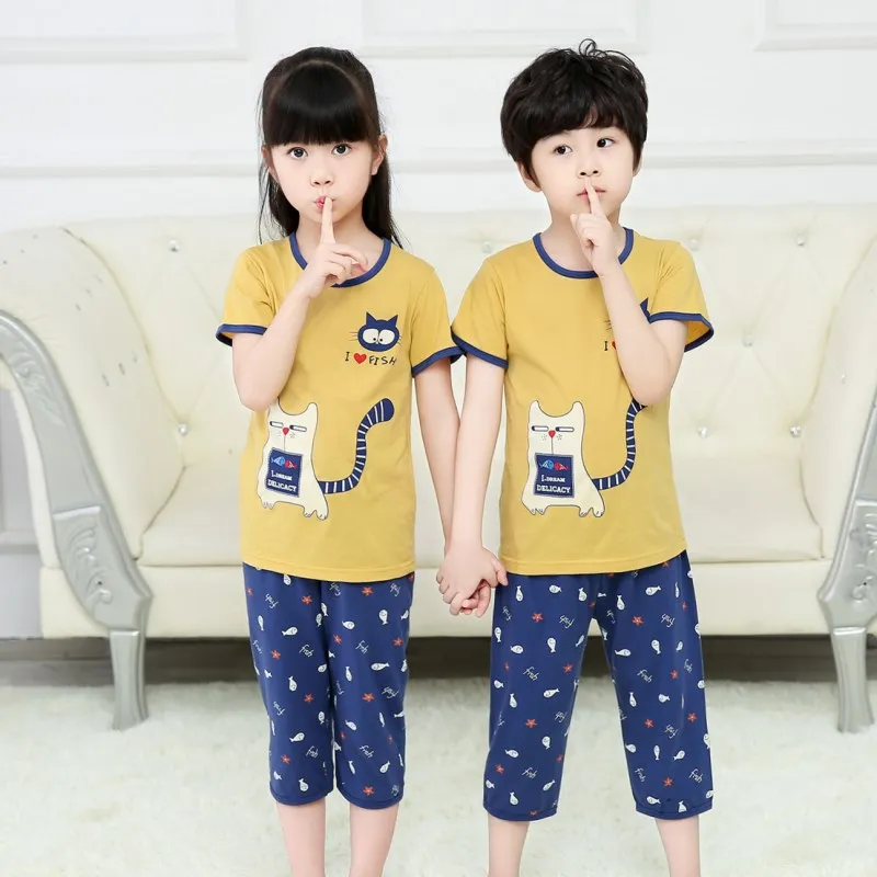 Летний детский пижамный комплект; одежда для маленьких девочек и мальчиков; футболка с короткими рукавами и рисунком+ штаны; комплекты одежды; хлопковая детская одежда для сна - Цвет: 20
