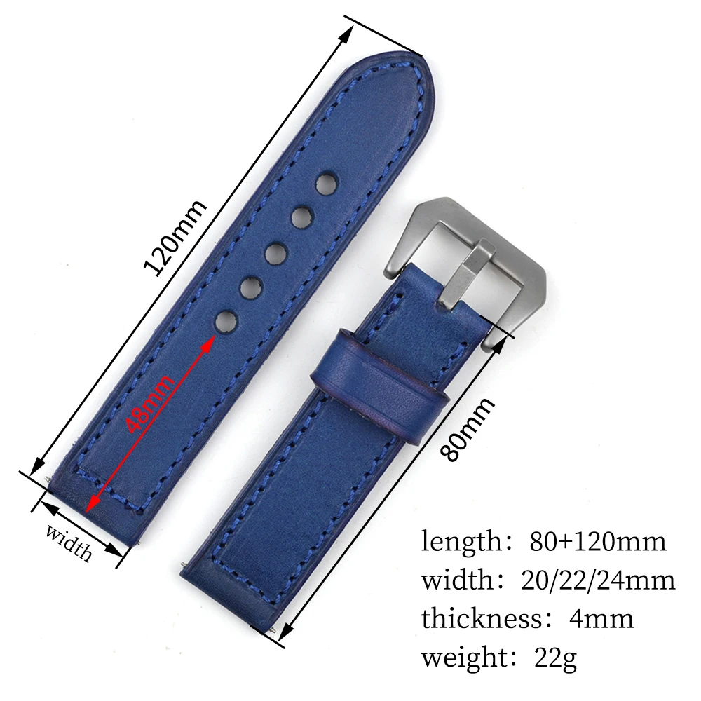 Onthelevel Thick Watch Band Vintage Genuine Leather Strap 20mm 22mm 24mm Handmade Watch Strap Belts Bracelet for Panerai Watch