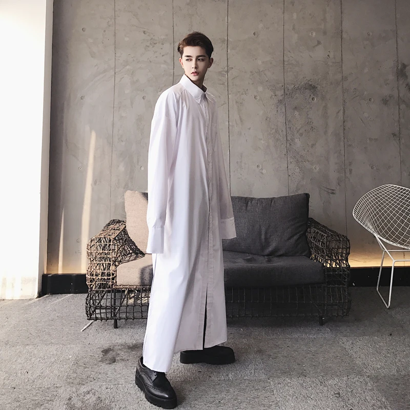 Men's Long Sleeve Shirt Spring And Autumn New Korean Fashion Super Long Personality Bifurcation Design Casual Large Size Shirt