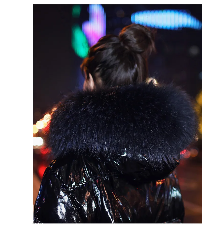 Роскошный черный толстый теплый ветрозащитный женский пуховик Верхняя одежда утиный пух наполнение натуральный меховой воротник глянцевая Длинная женская зимняя куртка G802