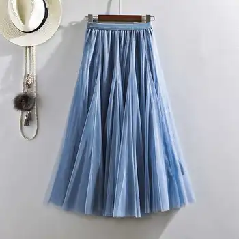 

New Spring Summer Elastic High Waist Mesh Tulle Skirt Women Jupe Femme 3 Layers Maxi Long Skirt Fashion Tutu Skirts Womens C6088