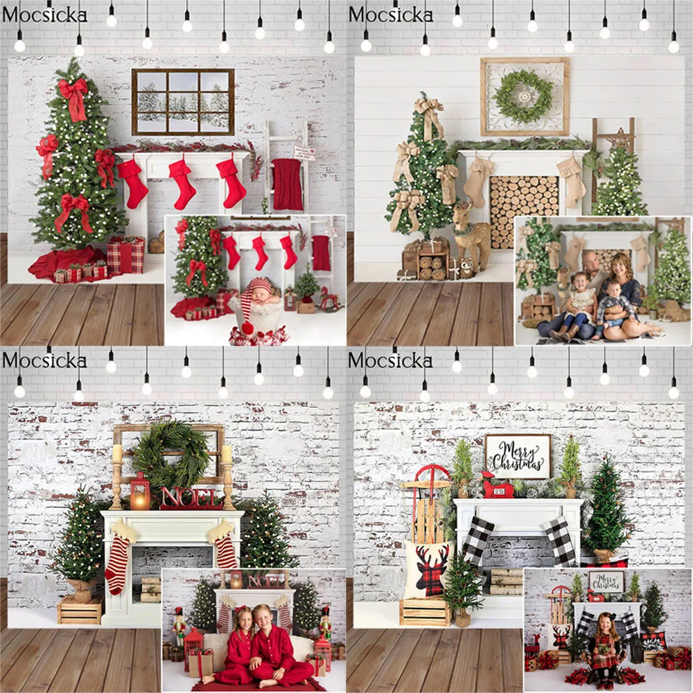 Christmas Backdrop Decorative Tree Fireplace Socks Gift Window ...