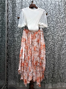 

2020 Spring and Summer New Women's round Neck Perspective Panel Knitted Short-Sleeved Shirt Printing Skirt Set 701