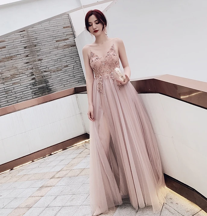 

Sexy Sling V Neck Evening Dresses Lace Sleeveless Sequins Beads 2020 Party Dress Open Back High Split Prom Gowns robe de soriee