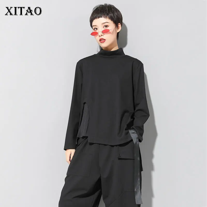 XITAO, черная водолазка, футболка, женская, нерегулярная, сплайсинг, лента, свободная, размера плюс, Футболка Harajuku, Осень-зима, Топ для женщин, DMY1133