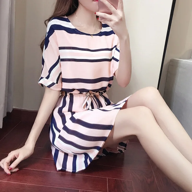 

2020 short sleeves casual stripes summer Korean version of the new plus-size dress slimming vestidos elegant Elastic waistband