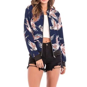 

Women Autumn Flying Crane Print Baseball Jacket Long Sleeve Stand Collar Jacket Campus Coat -MX8