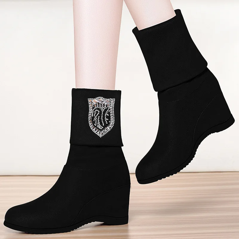 

High-Heel Online Celebrity Thin Boots Middle Boots Women's 2019 Autumn And Winter New Style Man-made Diamond Elevator Boots WOME