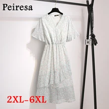 

PEIRESA Women Clothing Dress Plus Size 6XL Floral Print Irregular Chiffon Vestiods Mujer Female V-neck Cake Elegant Dress