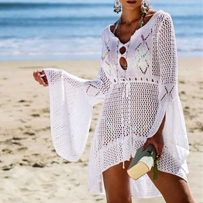 Белая Туника, вязанная крючком пляжная одежда Saida De расклешенный рукав, Вязаные Бикини, накидка, пляжный костюм с длинным рукавом, платье с вырезами, накидка