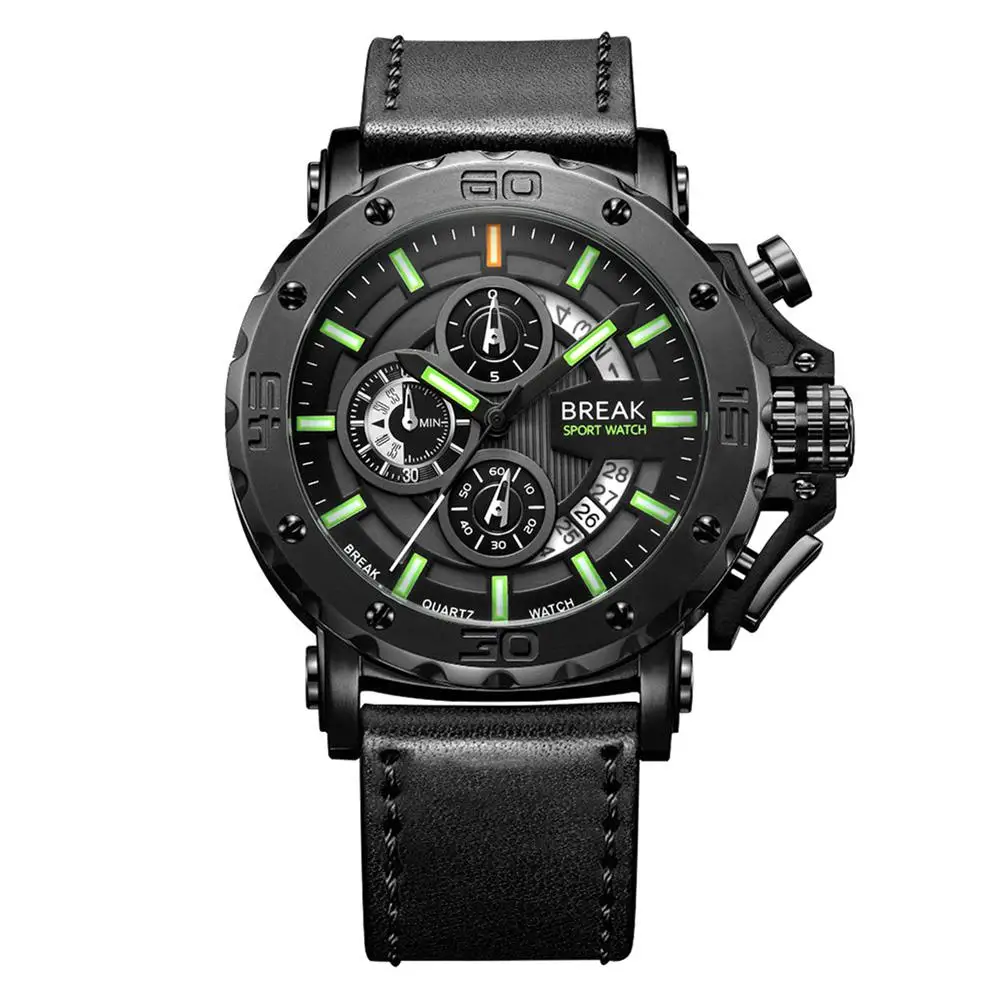 HobbyLane BREAK 5689 Men Fashion Wristwatch Leather Strap Casual Chronograph Luminous Calendar Sport Watch