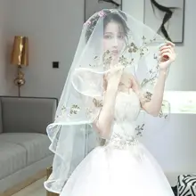 Одноярусная ленточная кромка центр собранная вышивка блестки свадебная вуаль-59,06