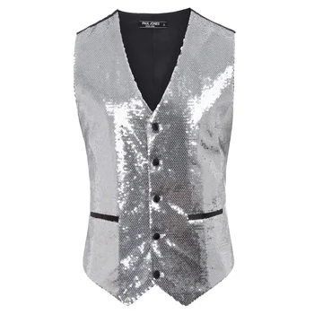 

Men short slim tops Sparkling Sequins Vest Coat Waistcoat V-Neck Handkerchief Stylish business office formal work coat silver