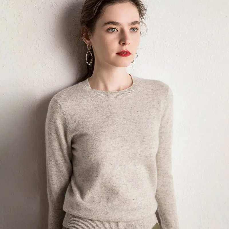 light grey Осень Зима женский кашемировый свитер с круглым вырезом однотонный Повседневный вязаный теплый пуловер с длинными рукавами - Цвет: light grey