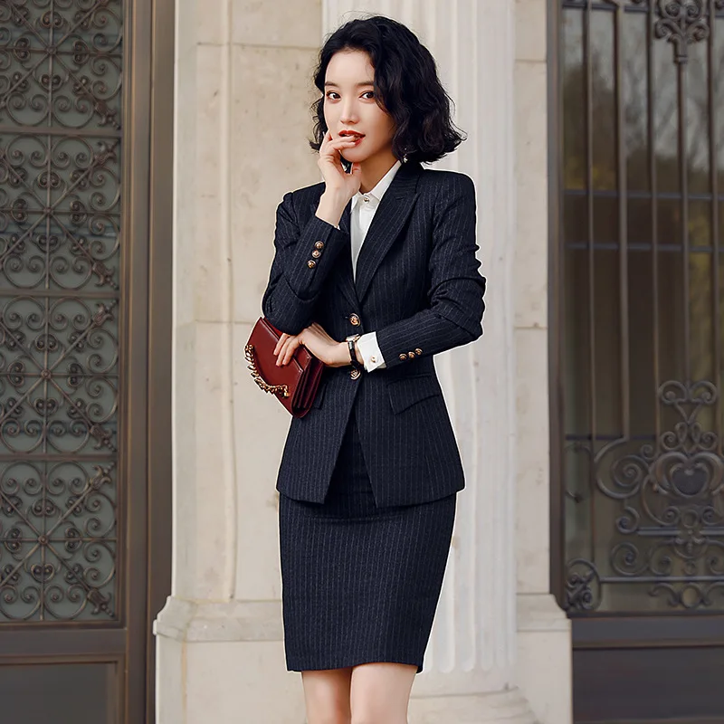 Business Women's Formal Wear High Quality Female Suit Skirt Two-piece  Autumn and Winter Striped Ladies Jacket Slim-fit Skirt