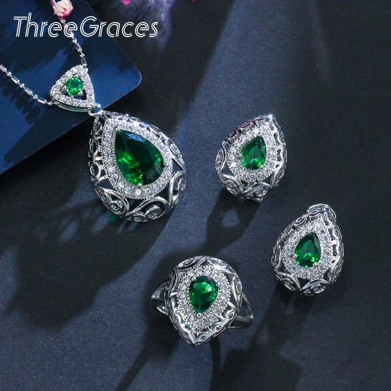 ThreeGraces Cubic Zircon Jewelry Vintage Designer Dark Green Crystal Stone Necklace Pendant Fashion Sets for Women JS195 | Украшения и