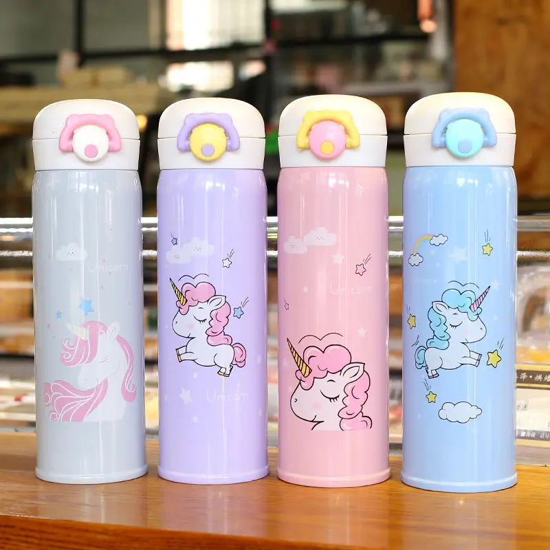 12oz Pink Kids Water Bottle Thermoses Unicorn Water Bottle Cup Metal Stainless Steel Vacuum Insulated Water Flask for School Kids Girls Lunch Box Leak Proof BPA Free No Straw 