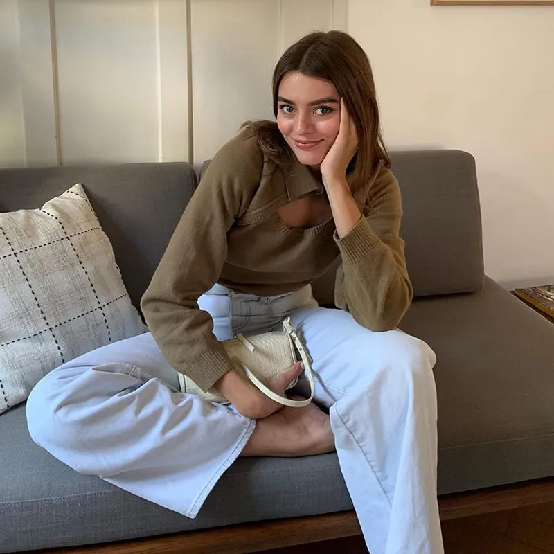 Autumn / Winter Women's Fake Two-piece Knitting Tops Long-sleeved Square-neck Hollow Solid Color Pullovers 2020 Lady Street Wear