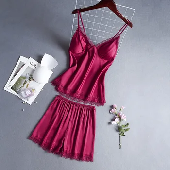 

2020 New Lace Strap Top&Shorts Women Sexy Intimate Lingerie Satin Pajamas 2PCS Sleep Set Casual Home Clothes Pyjamas Suit