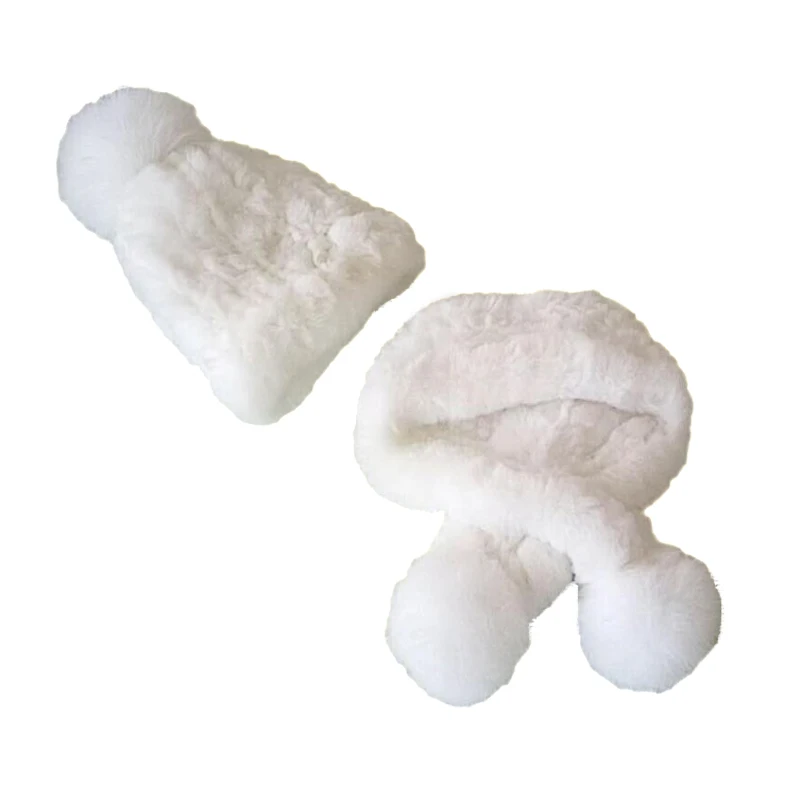 White Girls Real Rex Rabbit Fur Hat Scarf Christmas Winter Warm Beanie Cap For Children Hand-Woven Fluffy Soft - Цвет: White